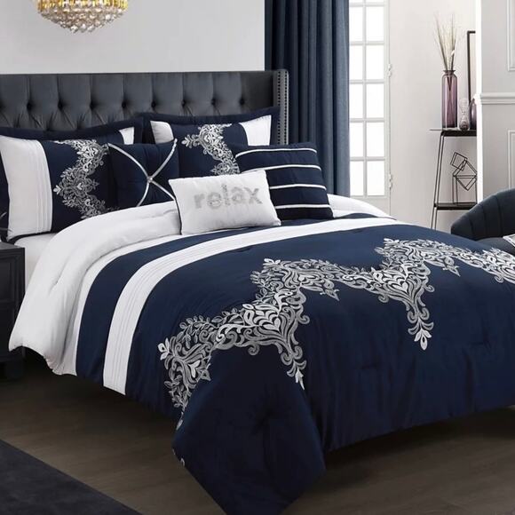 Stratford Park Zuri 6 Pc Comforter Set Navy King - Picture 1 of 7